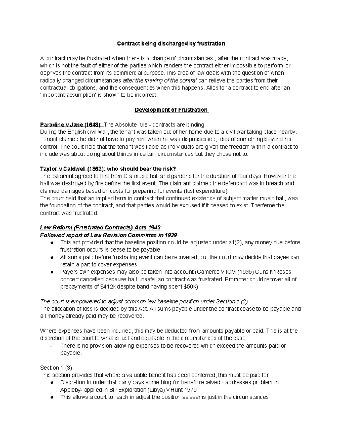 Frustration in Contract Law: Key Cases and Principles (Law 101) - Studocu