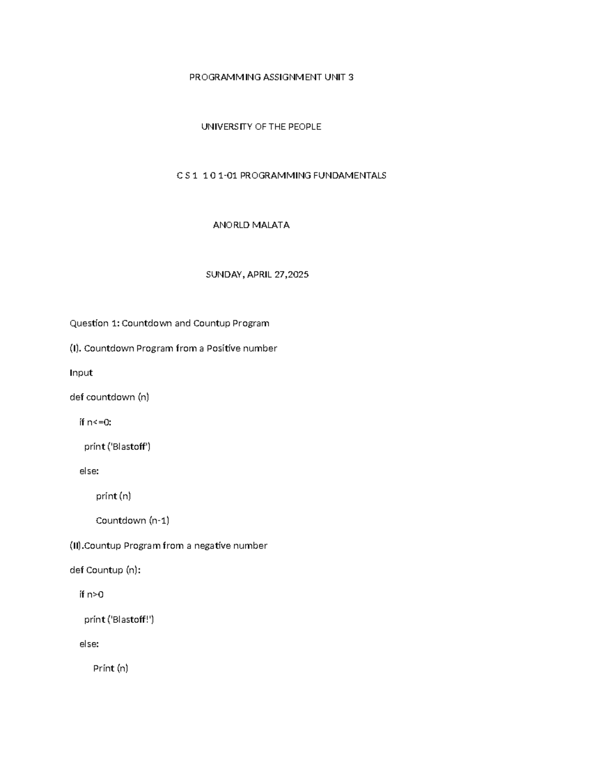 Programming Assignment Unit 3: C S 1 1 0 Programming Fundamentals - Studocu