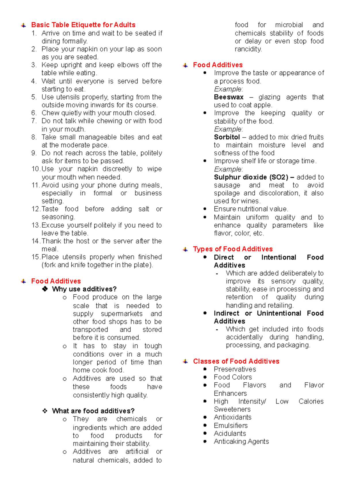 Basic Table Etiquette & Food Additives Overview - Studocu