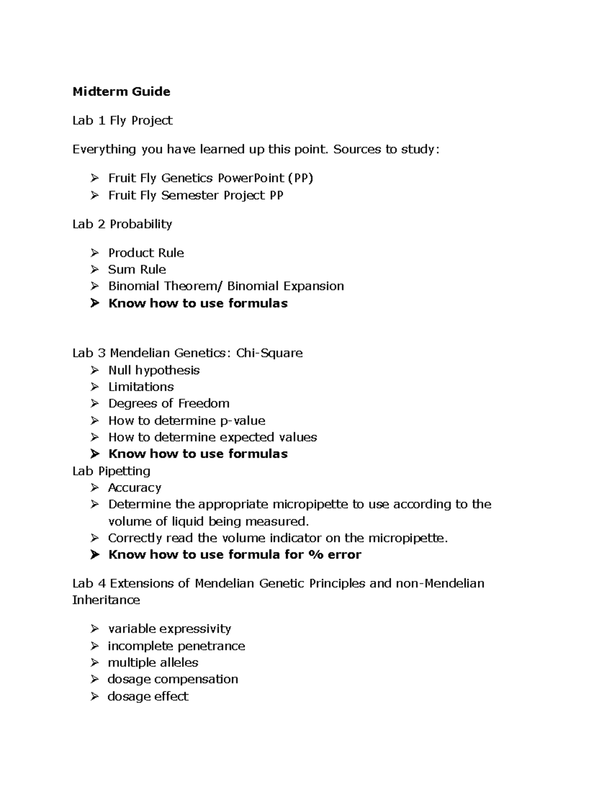 Midterm Study Guide for Genetics (BIO101): Fly Project & Labs - Studocu