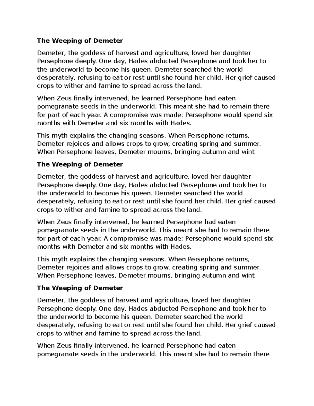 The Weeping of Demeter: A Myth of Seasons and Grief - Studocu