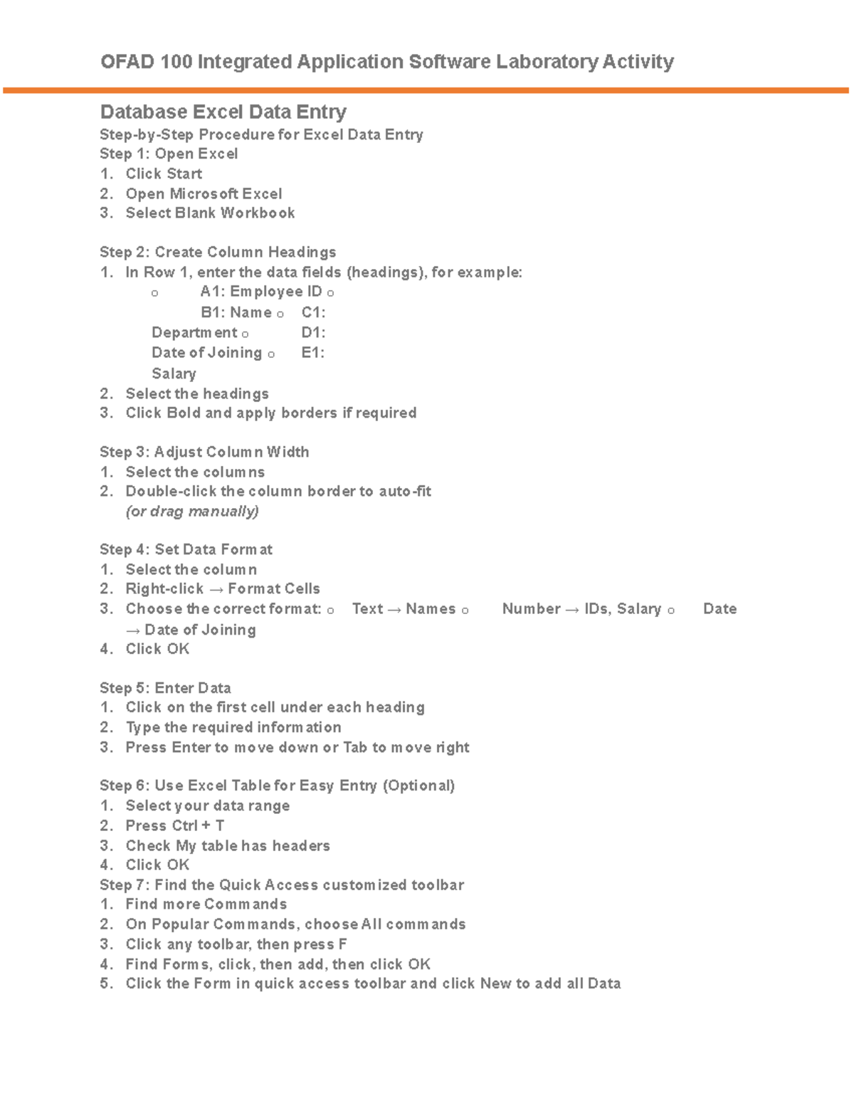 OFAD 100 Automatic Data Entry Lab 2: Excel Procedures Guide - Studocu