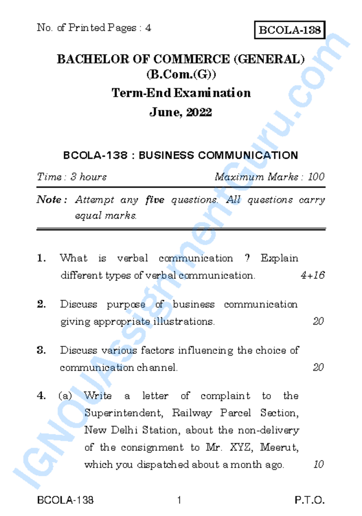 B.Com.(G) Business Communication Exam June 2022 - Question Paper ...