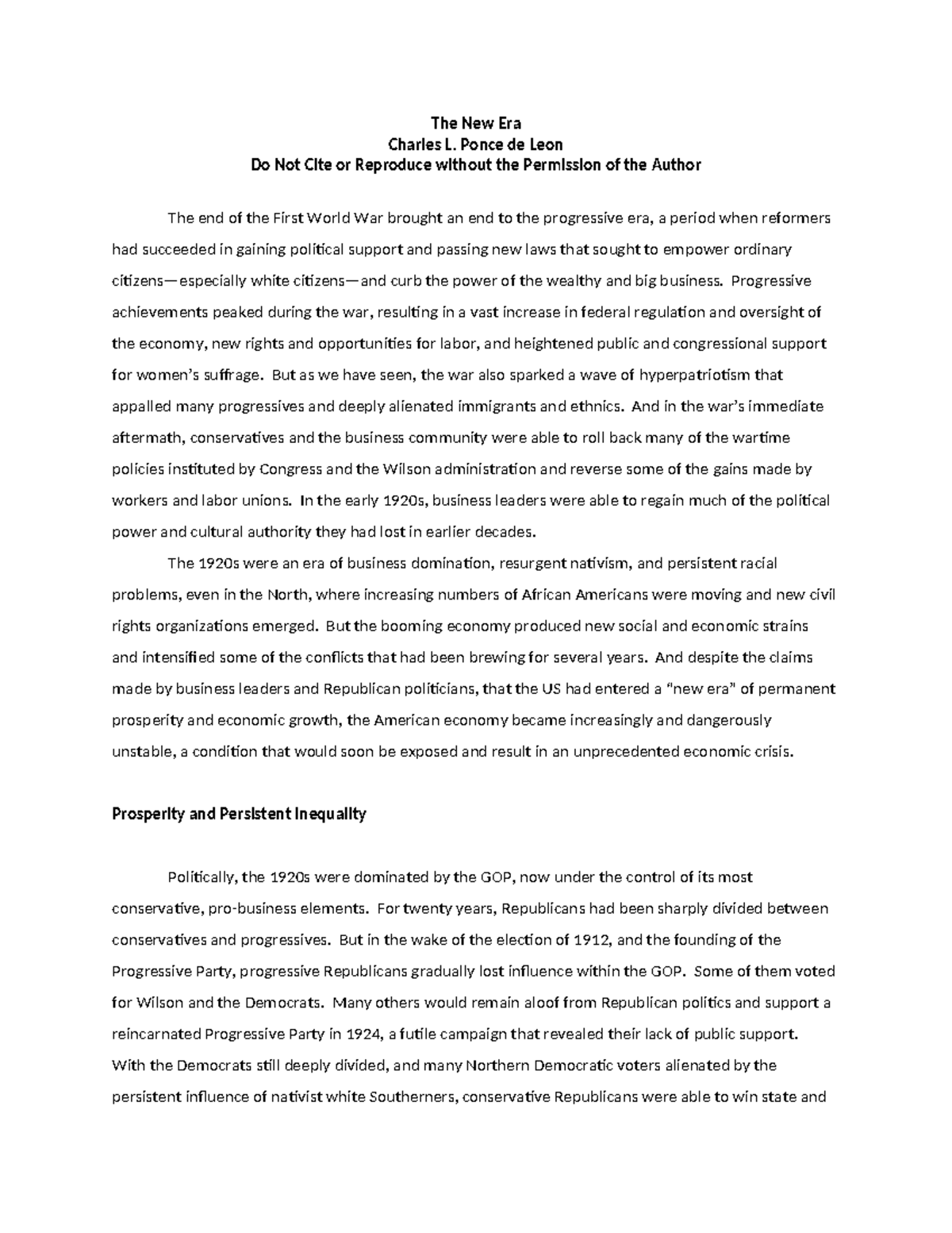 The New Era: Economic and Social Transformations Post-WWI - HIST 2025 ...