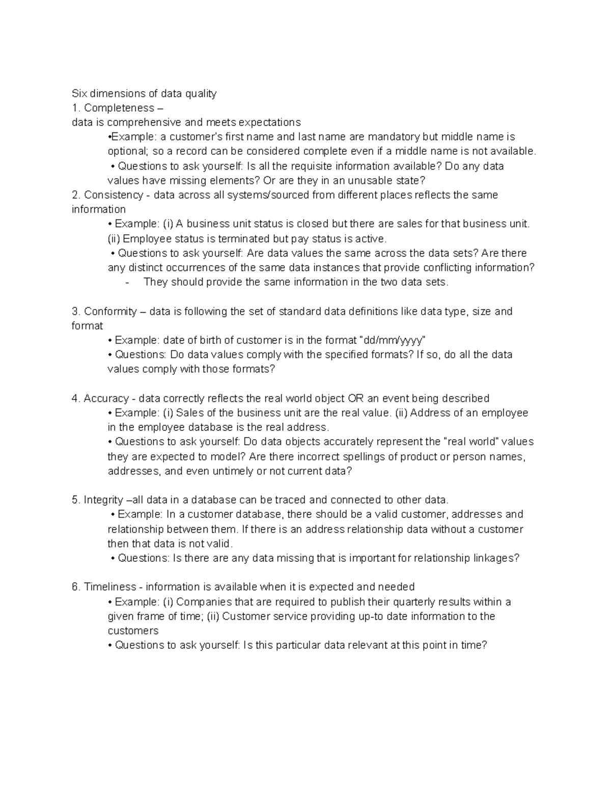 Comm1190 - Summary of Six Dimensions of Data Quality - Studocu