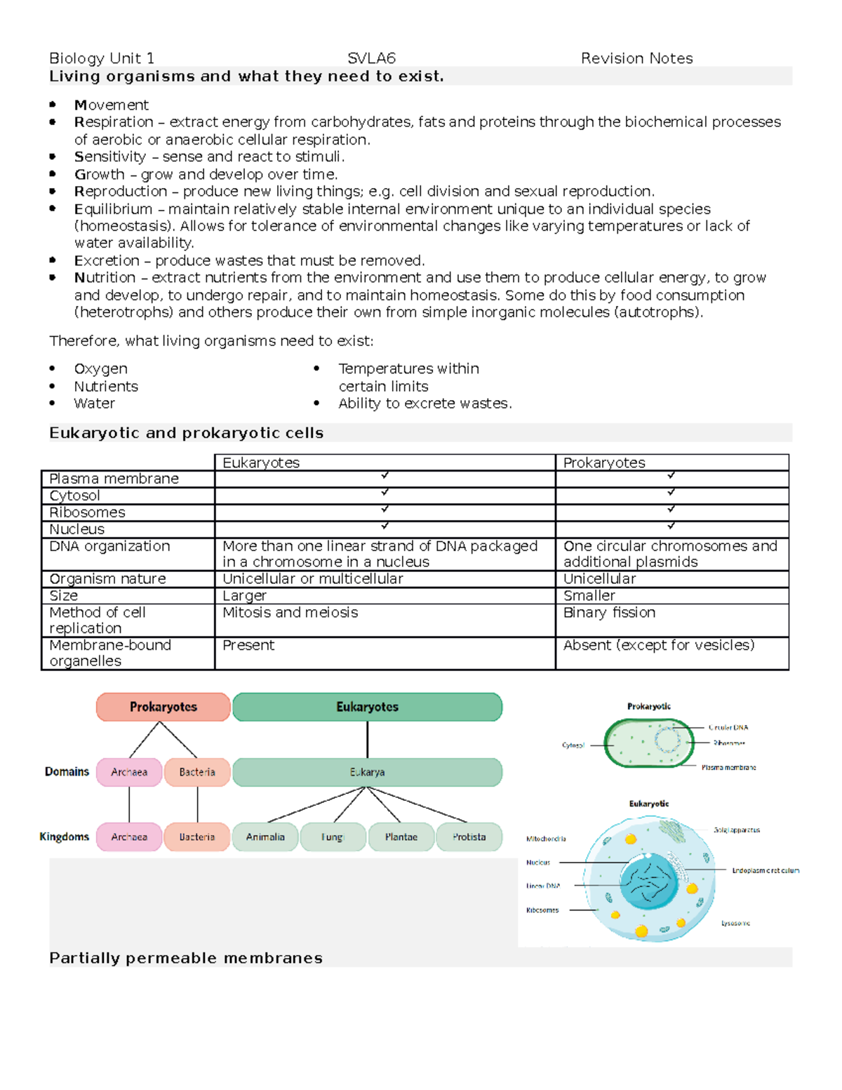 Unit 1 Biology Revision Notes for AOS 1 SAC 1: Key Concepts & Processes ...