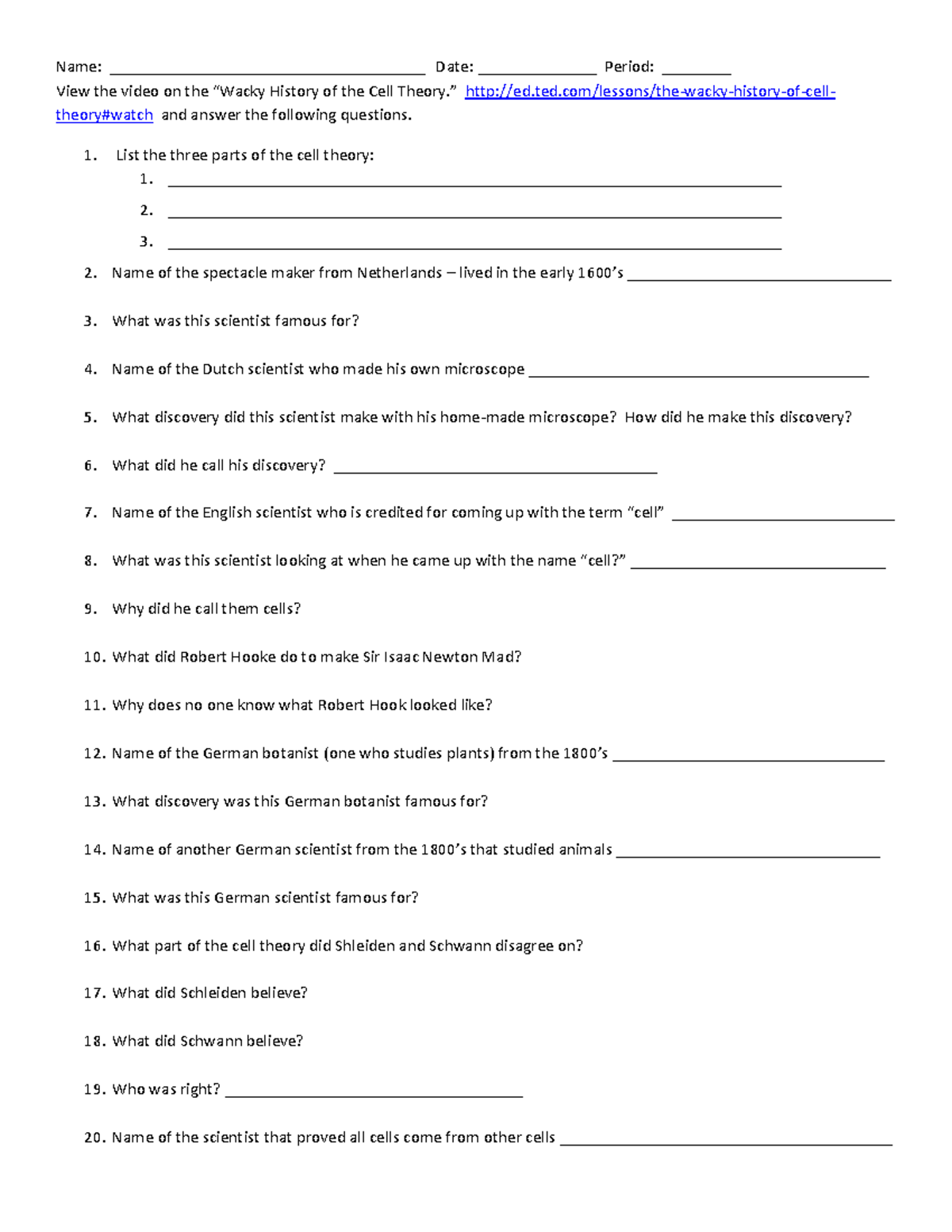 Wacky History of Cell Theory Q&A Worksheet - Studocu