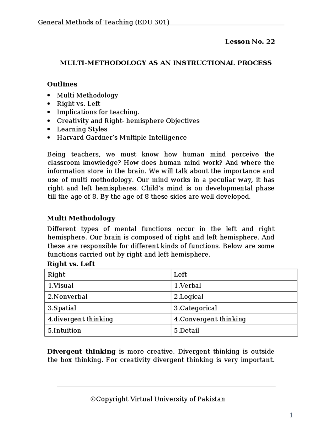 General Methods of Teaching (EDU 301) Lesson 22: Multi Methodology ...