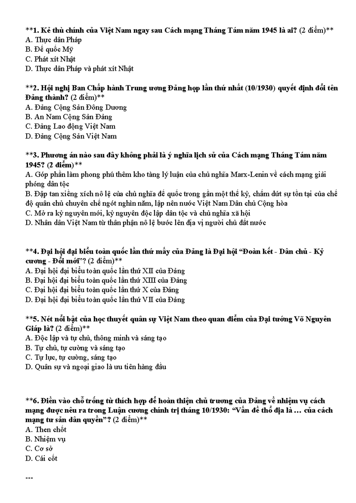 Câu hỏi và đáp án về Cách mạng Tháng Tám 1945 và Đảng Cộng sản Việt Nam (TN) - Document Preview