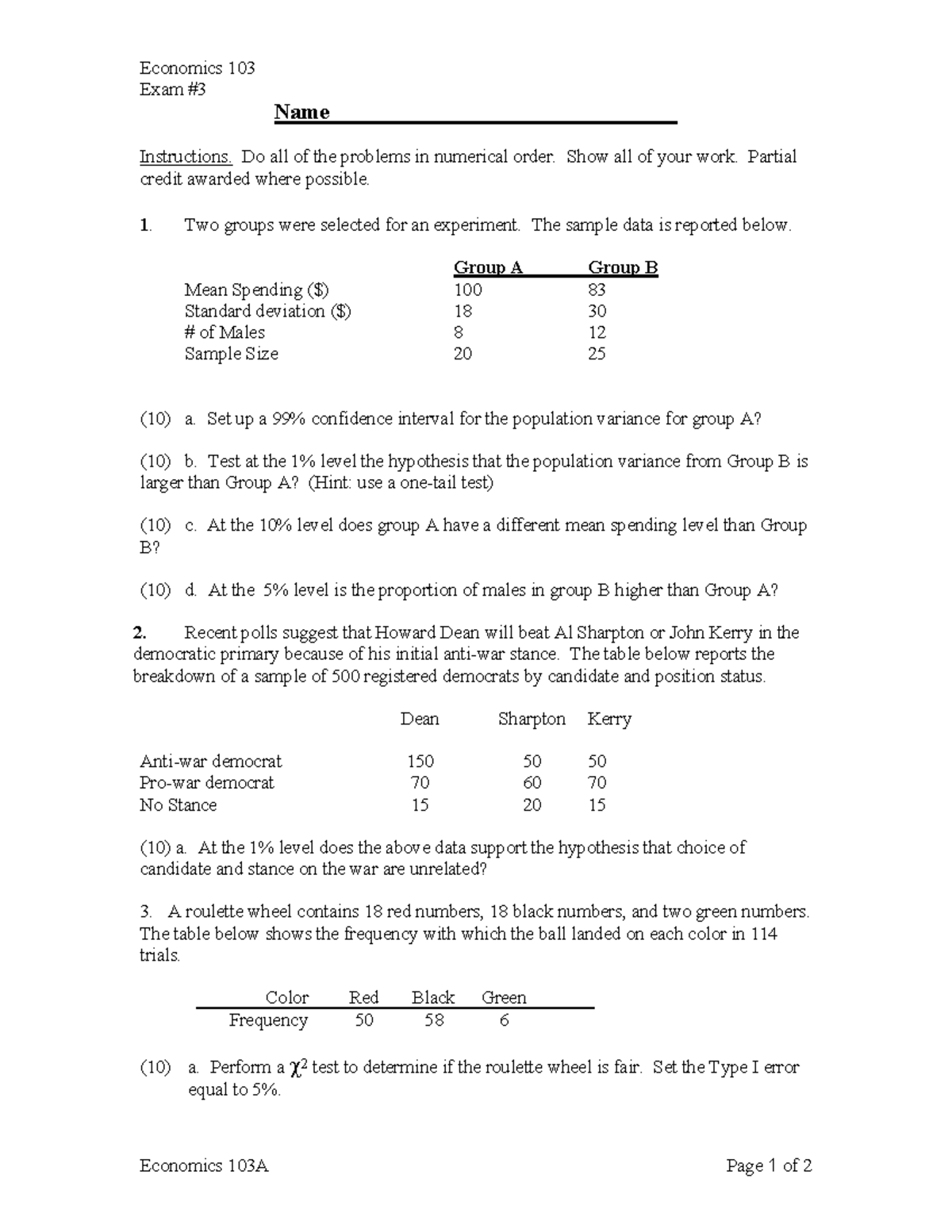 ECON 003 Exam 3 Practice 2 - Economics 103A Page 1 of 2 Economics 103 ...
