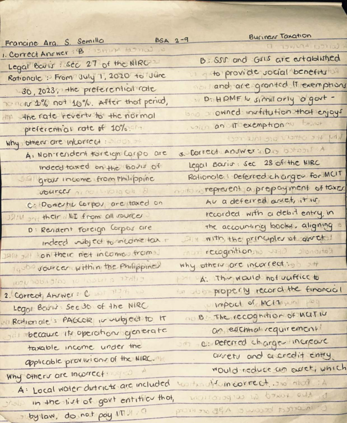 BSA Business Taxation 1 - Midterm Review Notes - Studocu