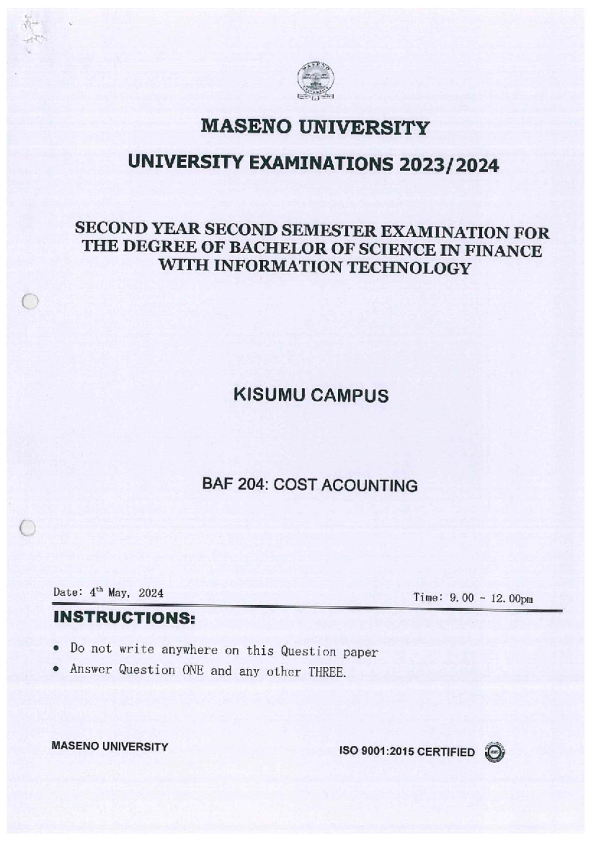 BAF 204: 2024 Cost Accounting Final Exam Questions and Guidelines - Studocu