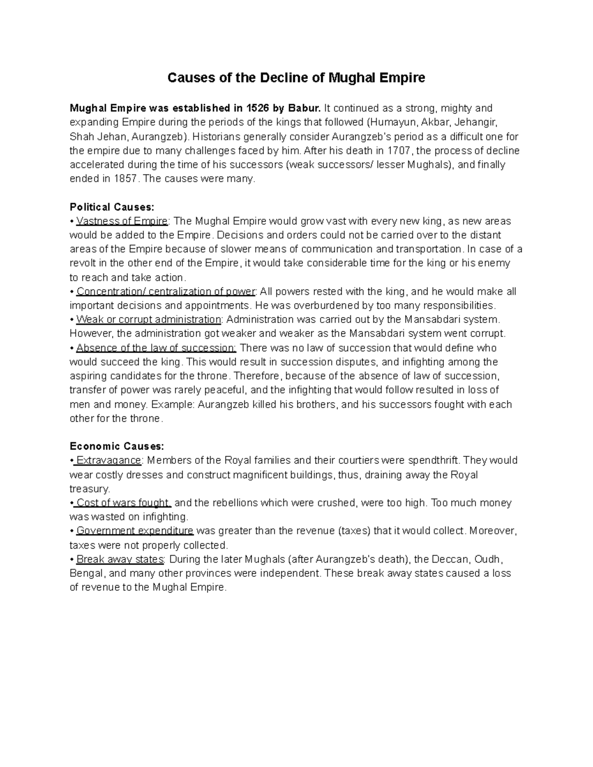 Causes of the Decline of the Mughal Empire: A Historical Analysis - Studocu