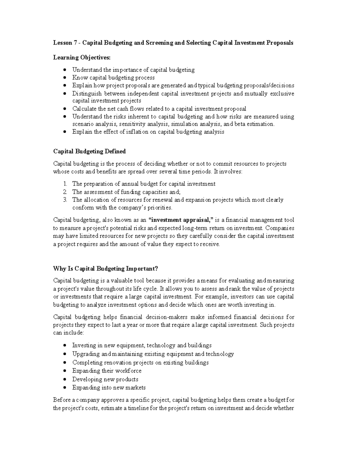 Lesson 7 - Capital Budgeting & Evaluation of Investment Proposals - Studocu