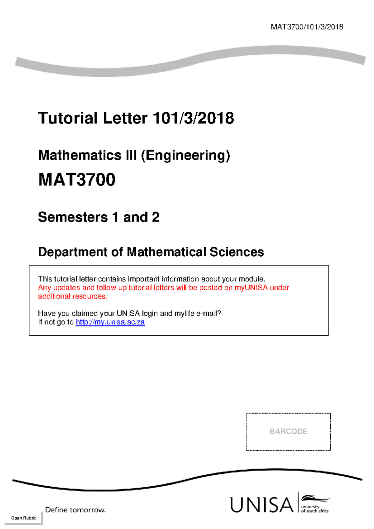 Mathematics MAT3700 Tutorial Letter: Important Module Info & Resources ...