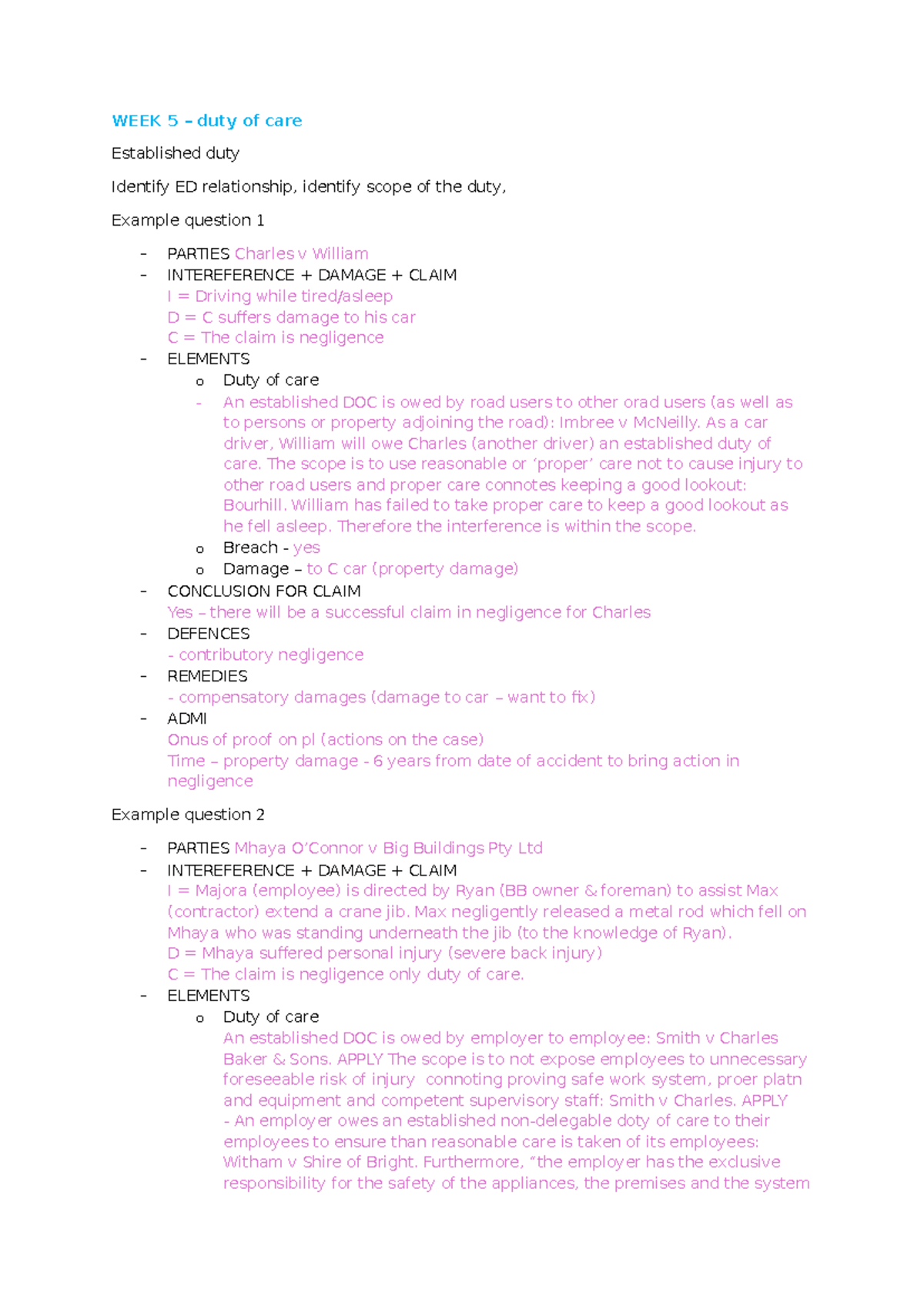 WEEK 5-12 Negligence Case Studies and Duty of Care Analysis - Studocu