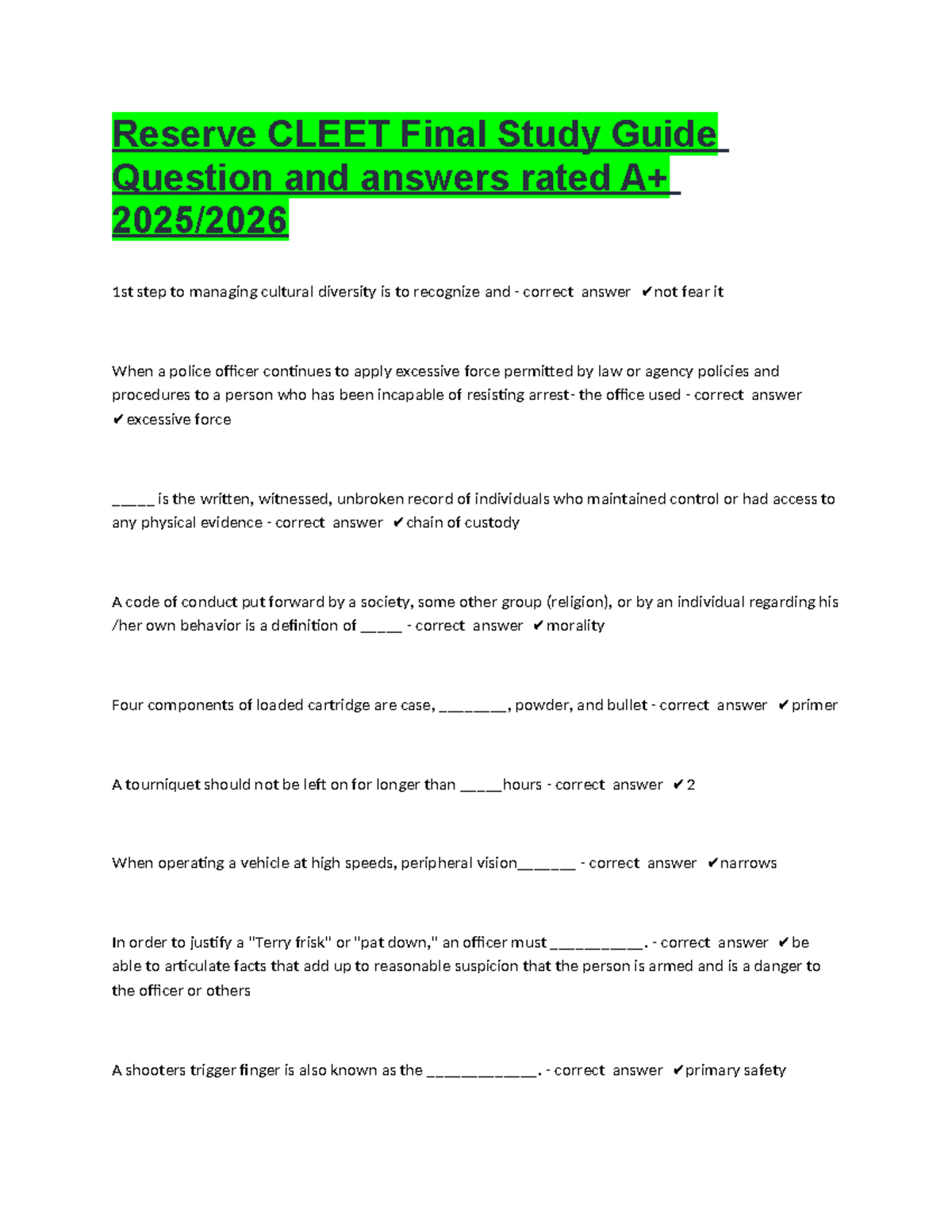 Reserve CLEET Final Exam Study Guide: Key Questions & Answers - Studocu