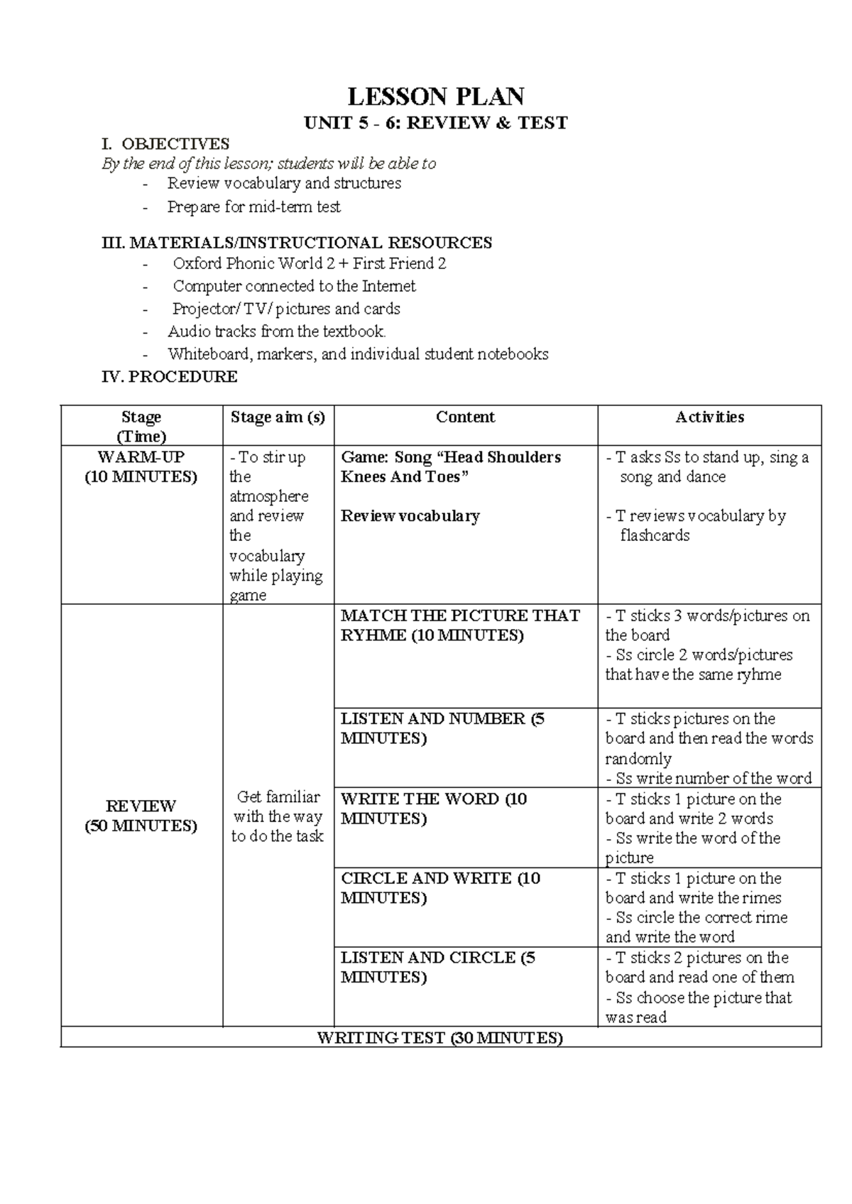 Pre 2 - Review U5 6 - Test - Lesson Plan Overview - Studocu