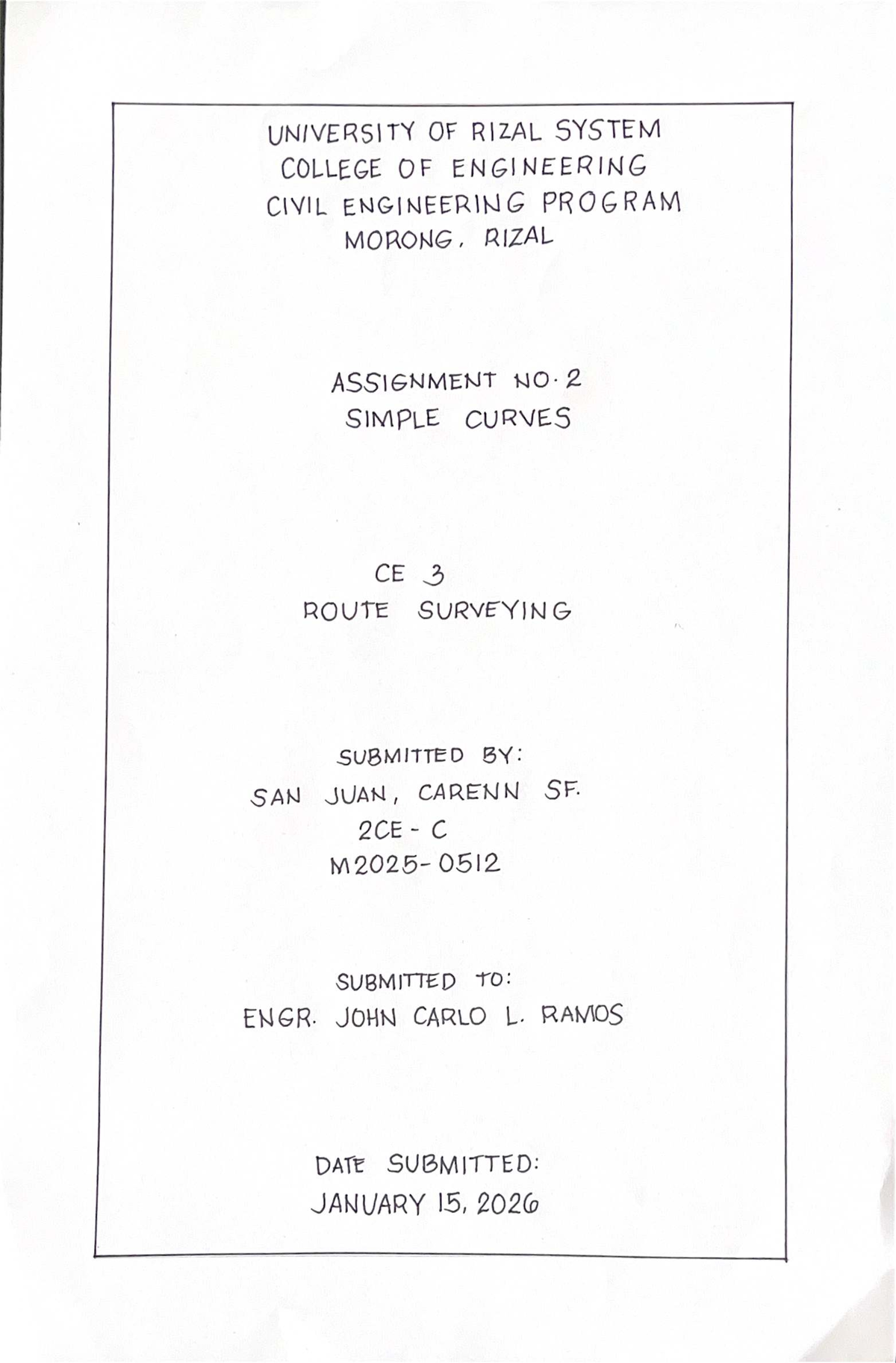 CE 3 Assignment No. 2: Simple Curves by San Juan - Studocu