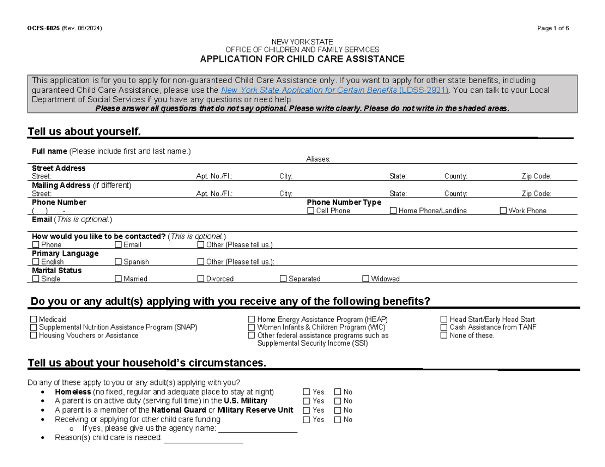 Application for Child Care Assistance - OCFS-6025 Form - Studocu