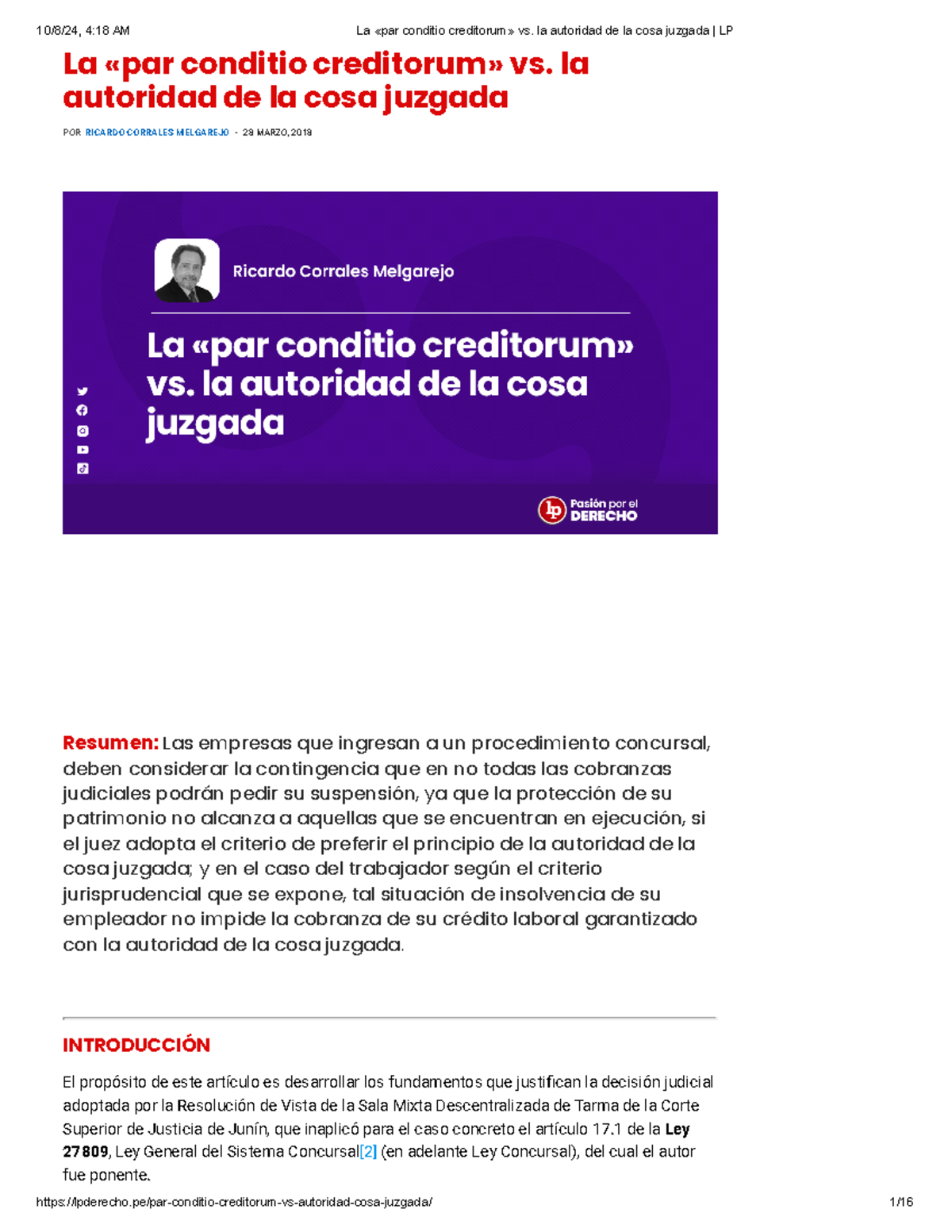 La «par conditio creditorum» vs. la autoridad de la cosa juzgada LP ...