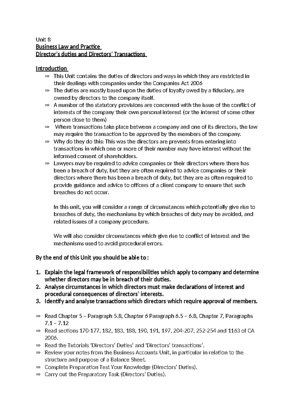 Unit 8 - LPC Business Law Notes on Directors' Duties and Transactions ...