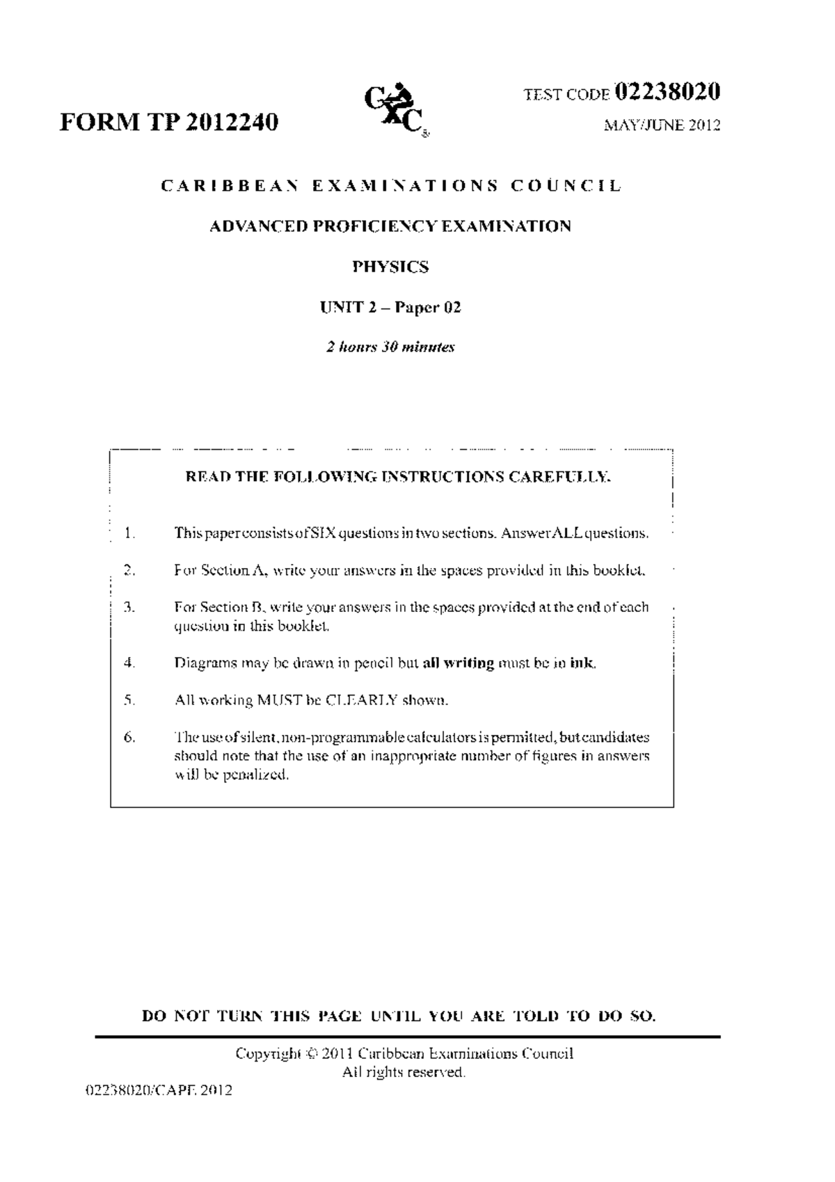 Physics 2012 U2 Paper 02 Exam Instructions and Questions - Studocu