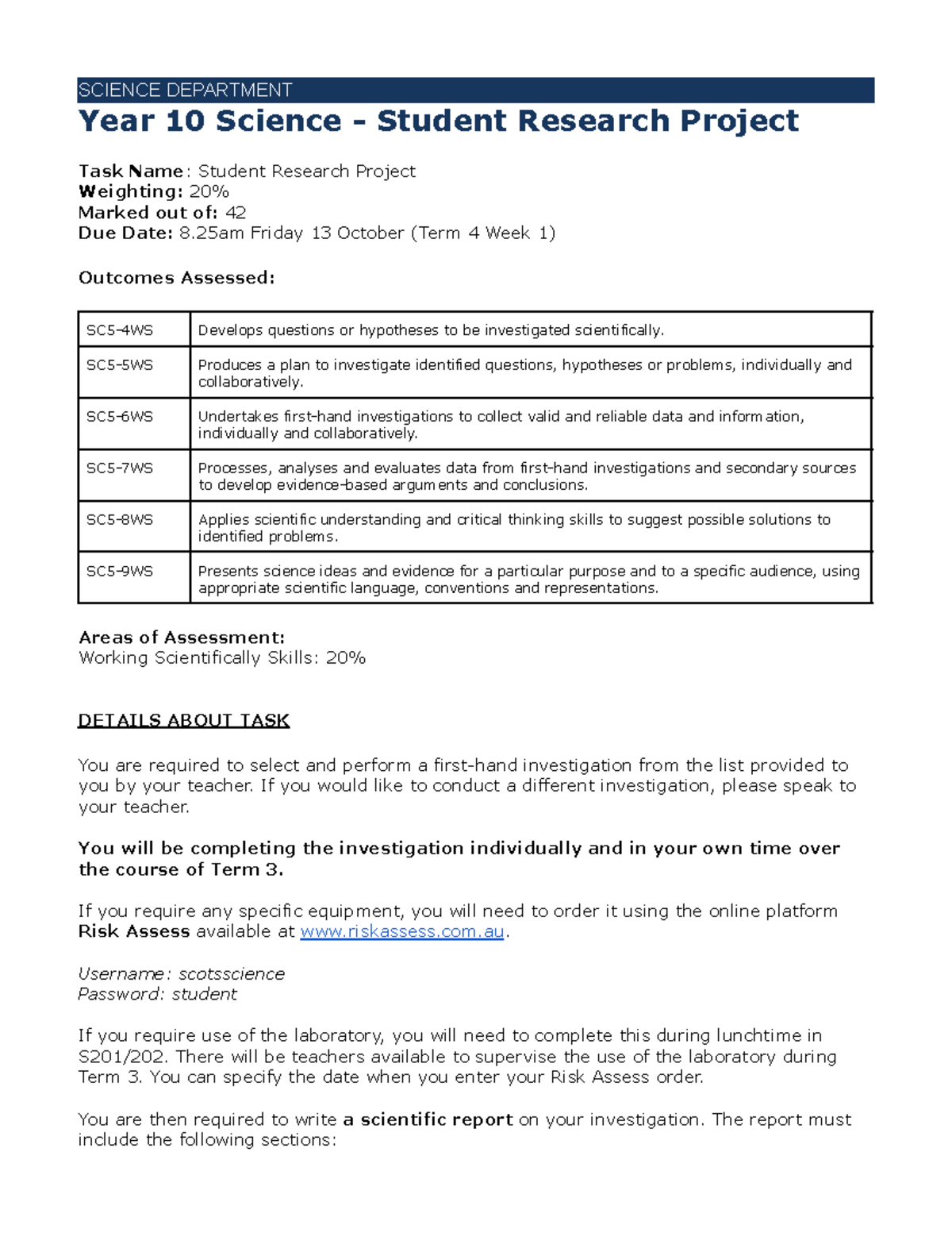 2023 Year 10 SRP Notification - SCIENCE DEPARTMENT Year 10 Science ...