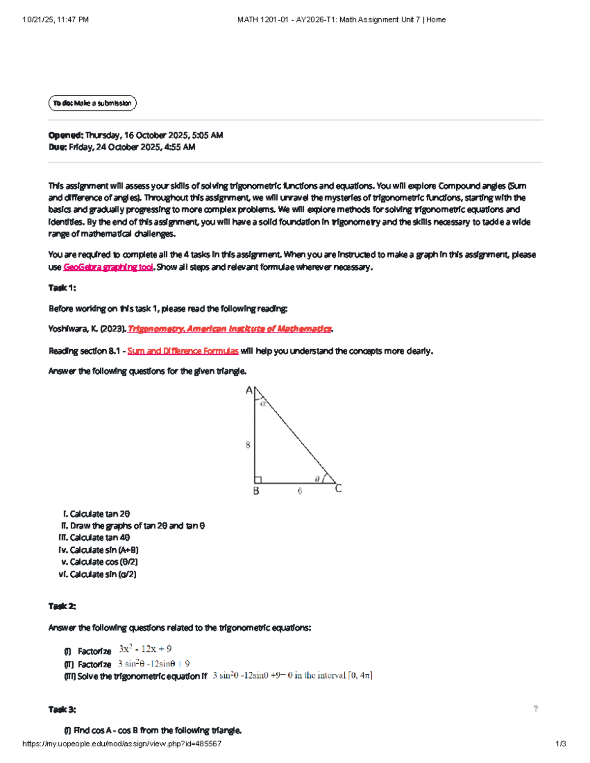 MATH 1201-01 - AY2026-T1 Trigonometry Assignment Unit 7 Tasks - Studocu