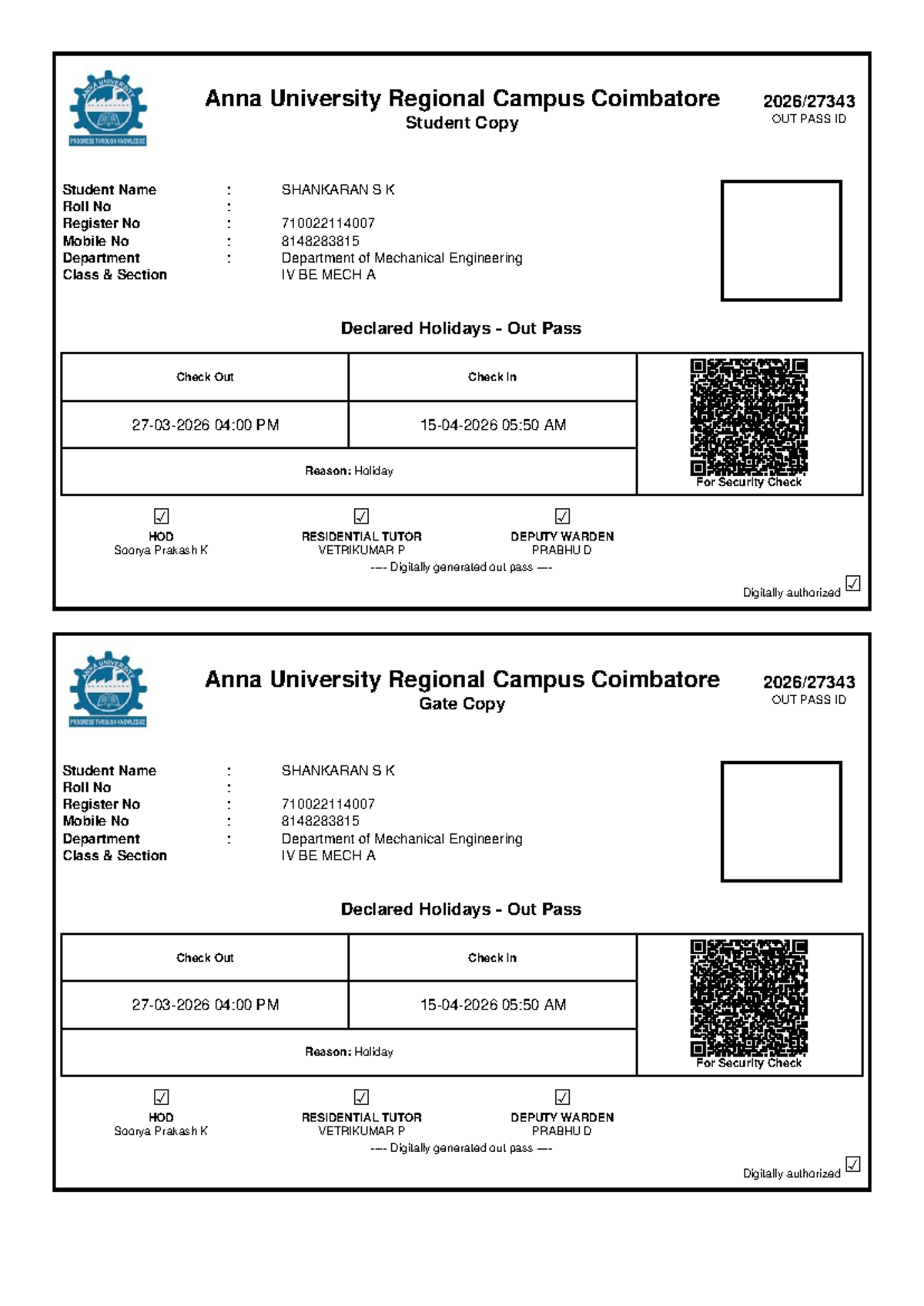 Anna University Coimbatore IV BE MECH A Out Pass Document - Studocu
