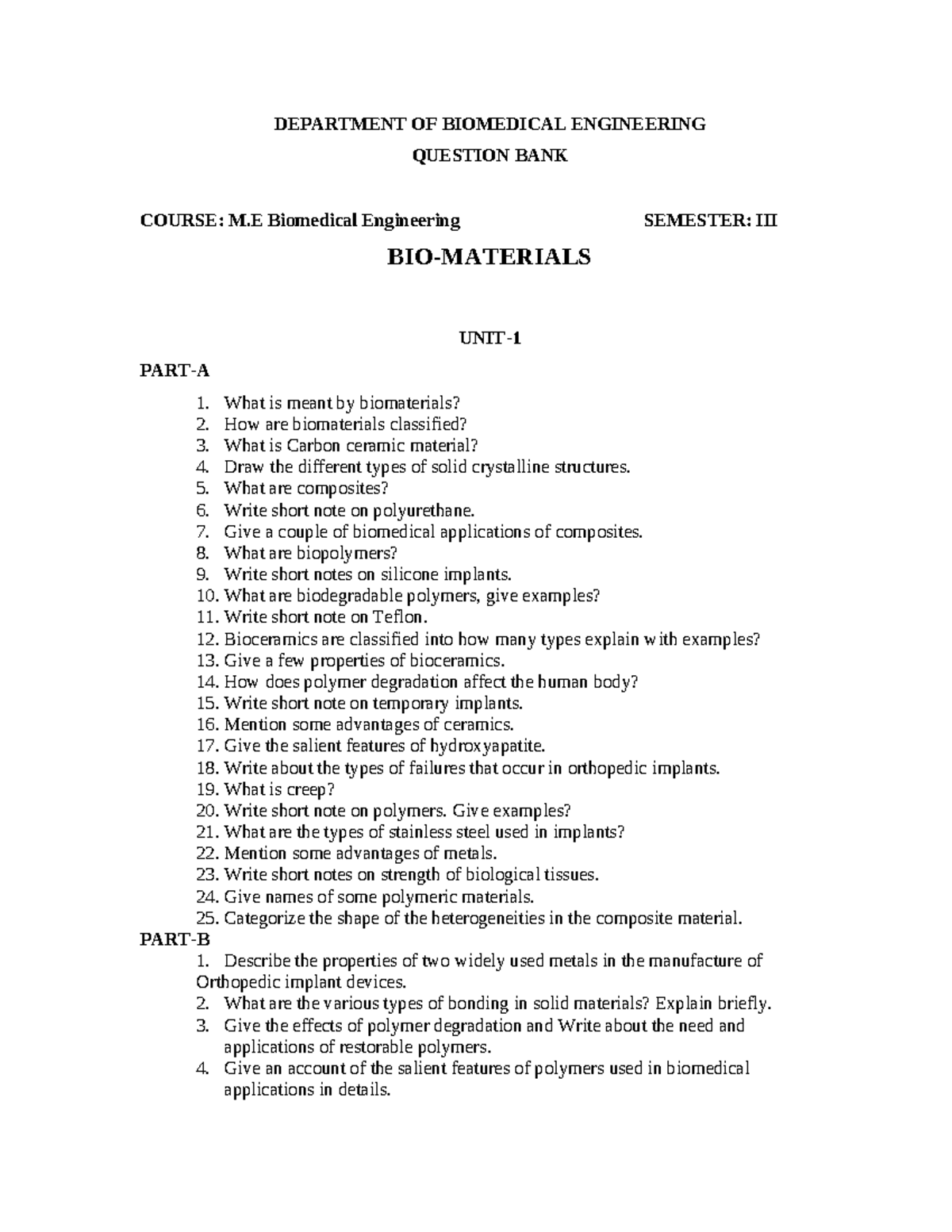 M.E. Biomedical Engineering - Biomaterials Question Bank - Studocu