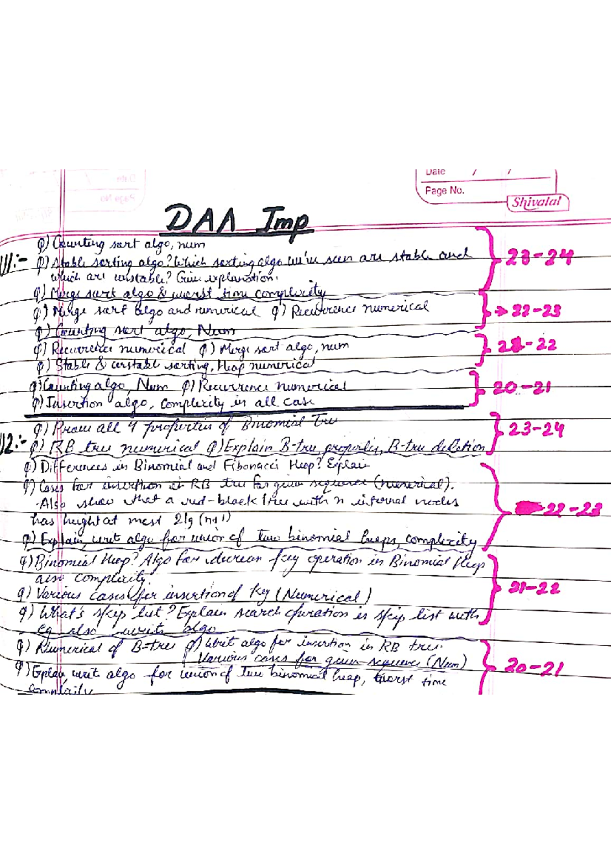 DAA IMP - daa important question - Date Page No. Shivalal DAA Imp Q ...