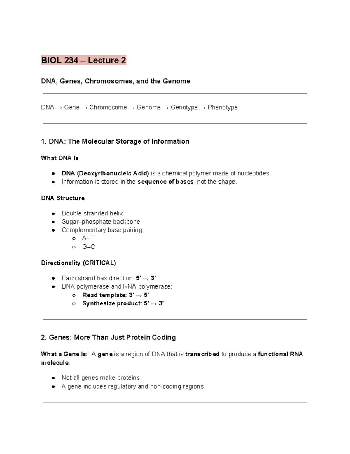 BIOL 234 Midterm 1 Notes: DNA, Genes, Chromosomes, and Mutations - Studocu