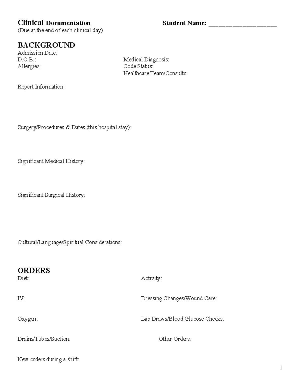 Clinical Documentation (R) - Daily Report Template for Students - Studocu