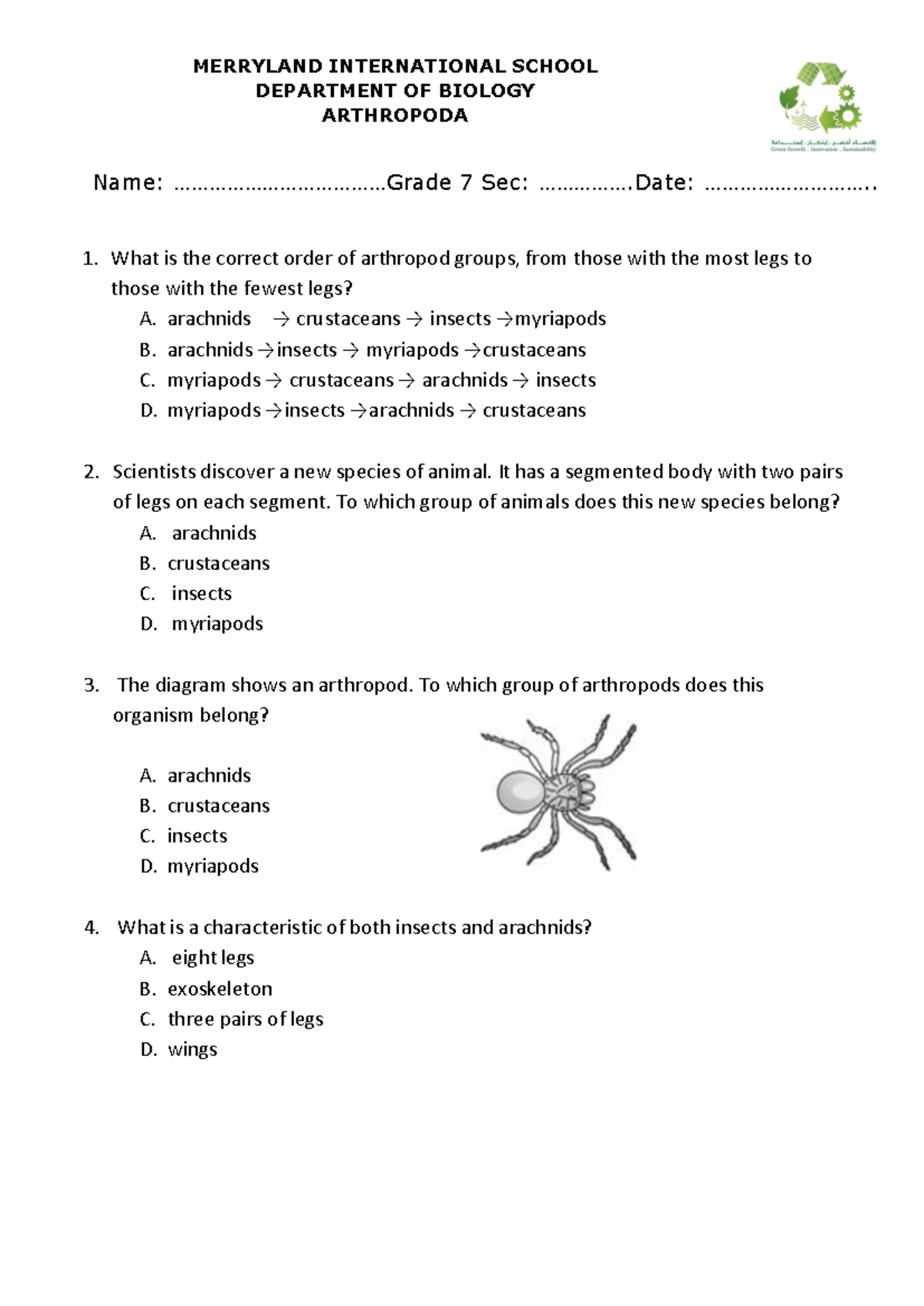 Arthropoda Worksheet Questions - Biology 7 Final Exam - Studocu