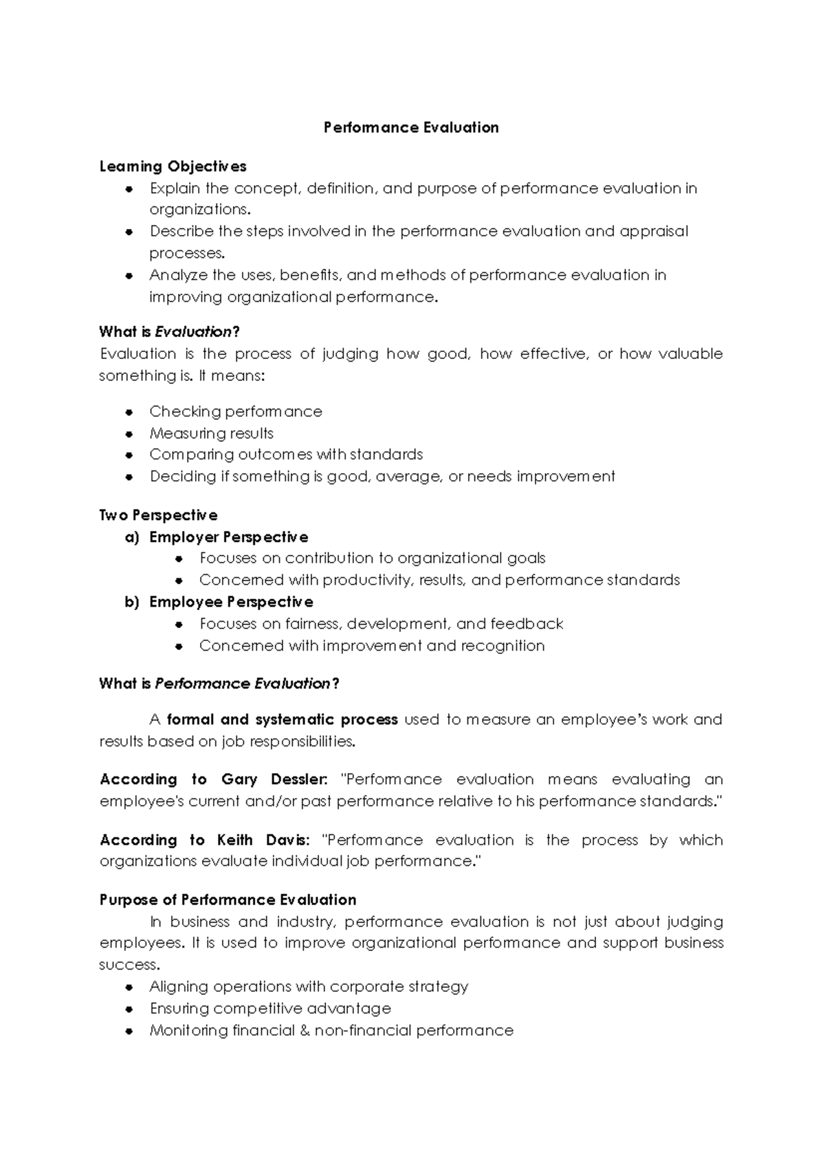 Performance Evaluation Summary: Key Concepts and Processes - Studocu