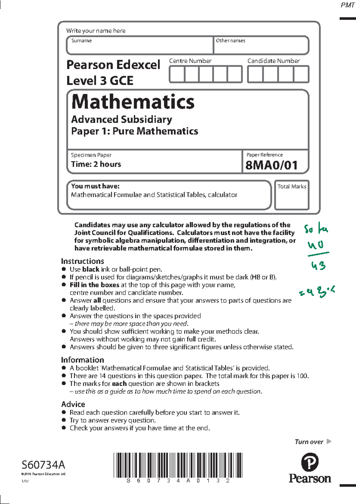 Specimen QP - Edexcel AS Maths Pure Paper 1 (2 hours) S60734A - Studocu