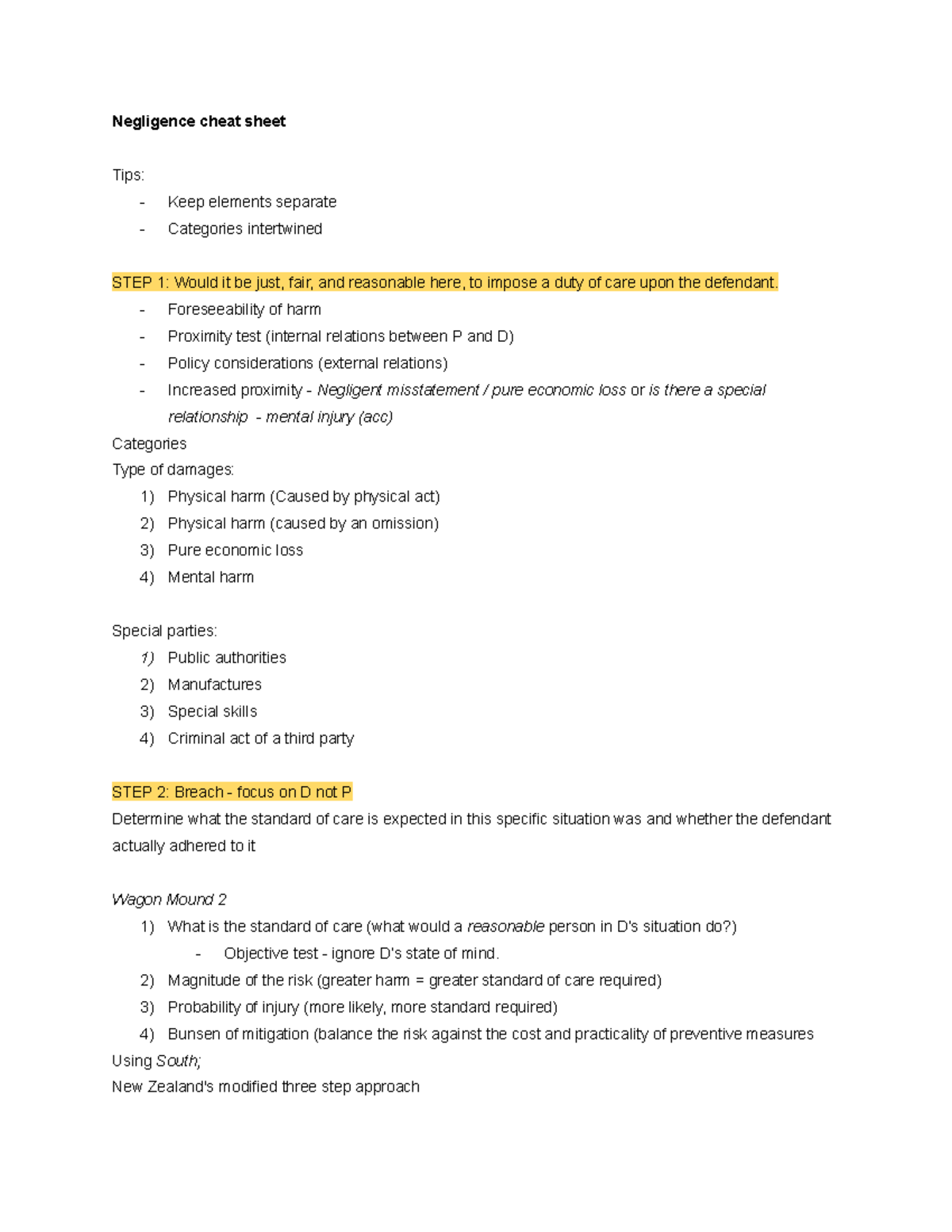 Negligence Cheat Sheet: Key Elements and Case Analysis (LAW 101) - Studocu