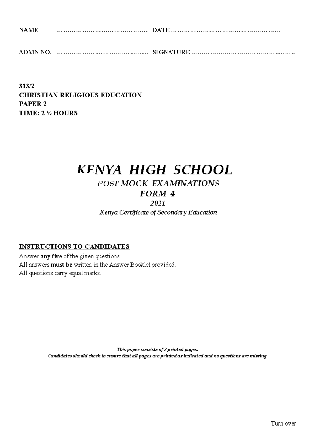 CRE 313/2 - Practice Questions for C.R.E Paper 2 Mock Exam - Studocu