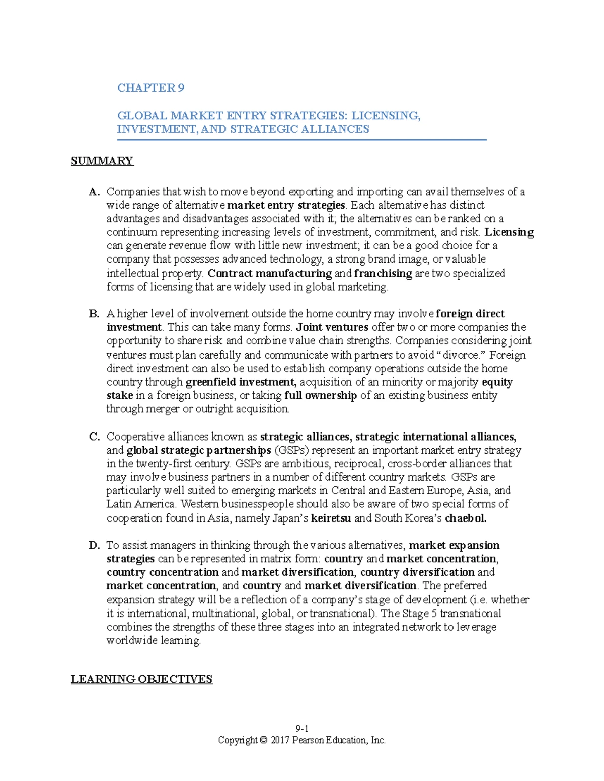 Chapter 9 practice exam - CHAPTER 9 GLOBAL MARKET ENTRY STRATEGIES ...
