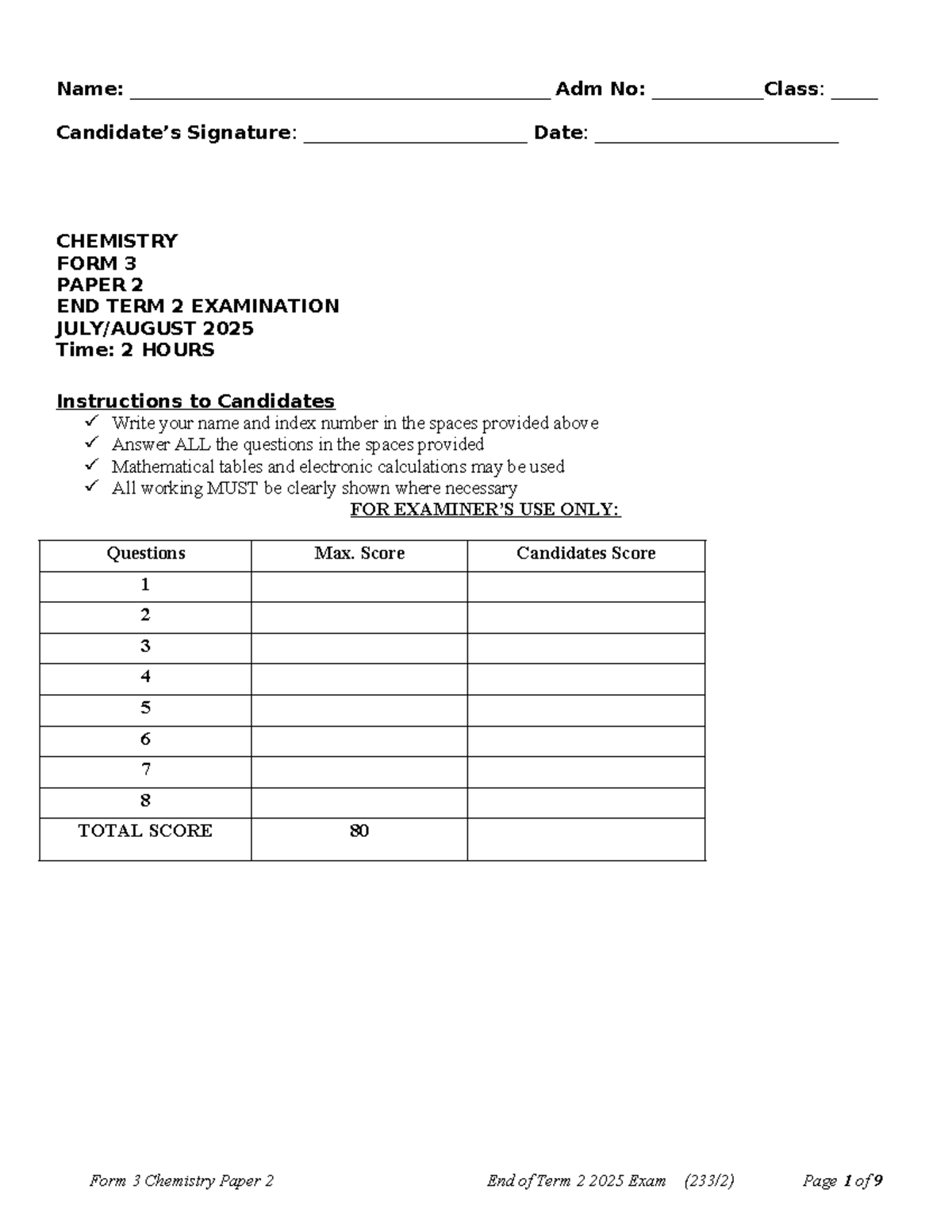 F3 Chemistry Paper 2 End Term 2 Exam Questions 2025 - Studocu