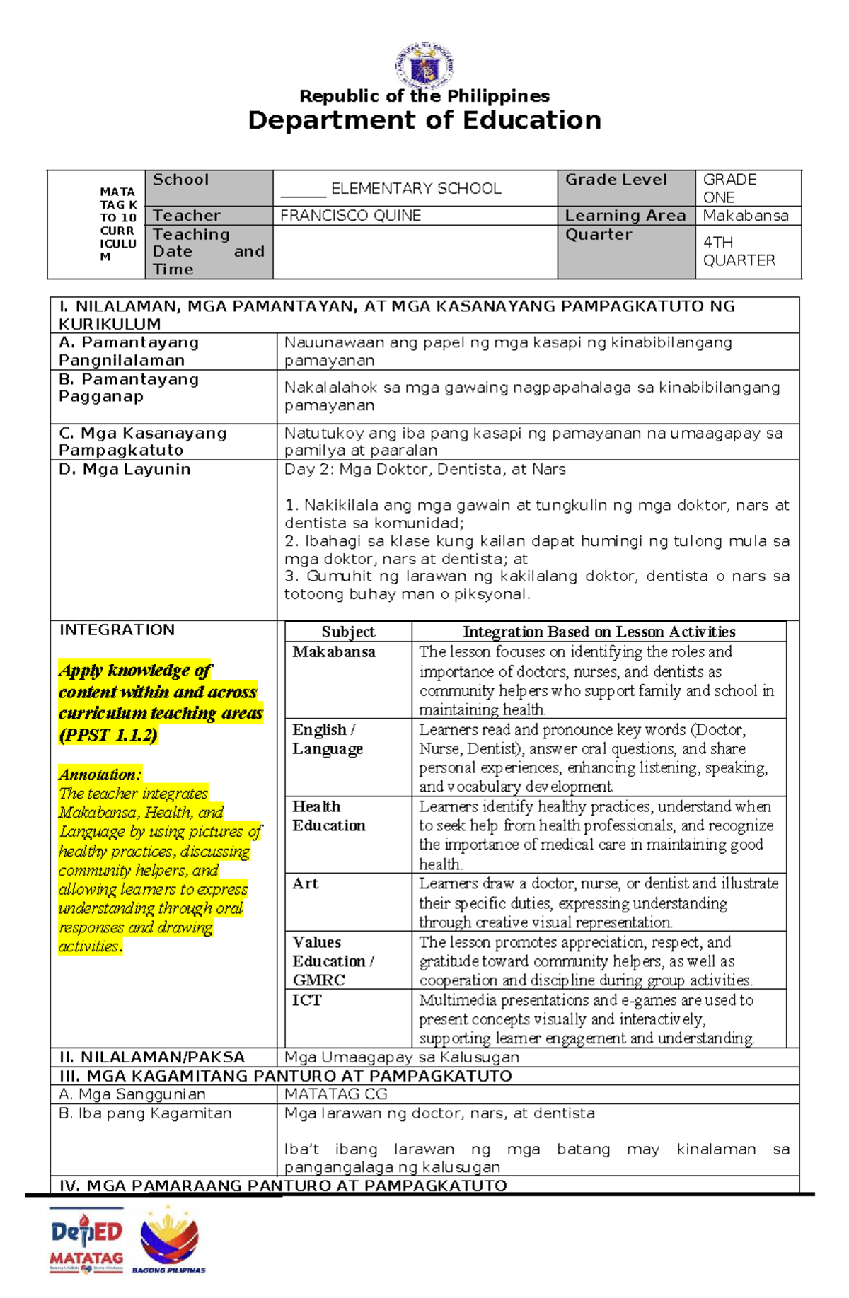 Lesson Plan for Grade 1: Makabansa - Community Helpers (4th Quarter ...
