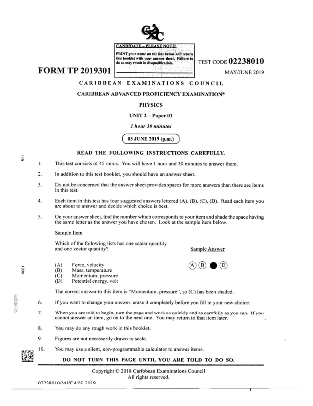 Physics CAPE Unit 2 Paper 01 - Exam Instructions & Constants 2019 - Studocu