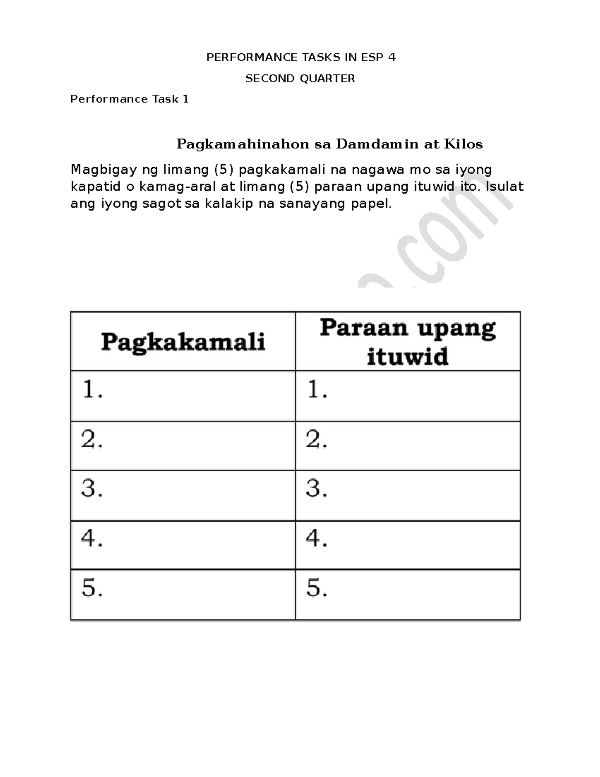 ESP-4-Q2 - Performance Task: Empathy and Respect Activities - Studocu