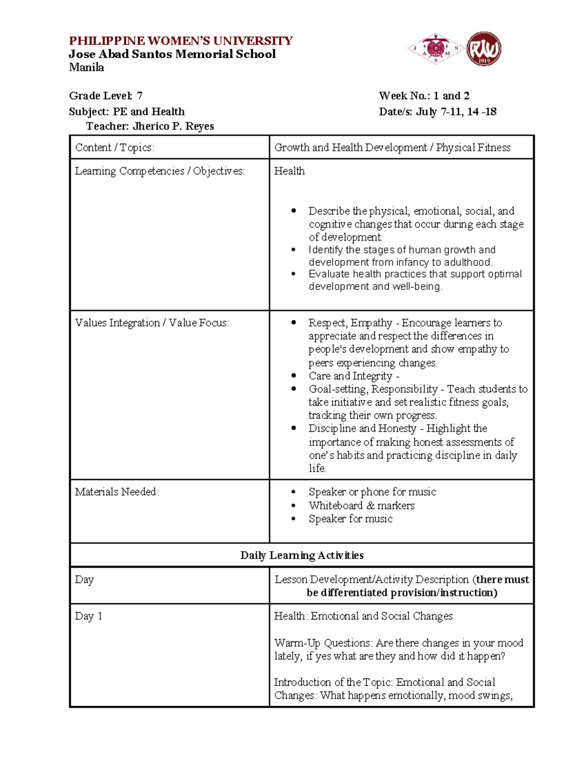 PE and Health 7: Week 3 and 4 Learning Activities - Studocu