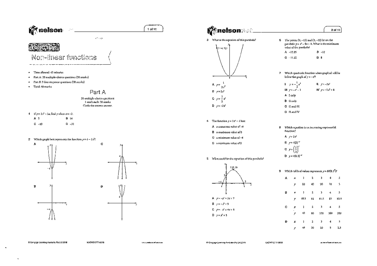 MATHS12TT18610 Non-linear Functions Topic Test - Studocu