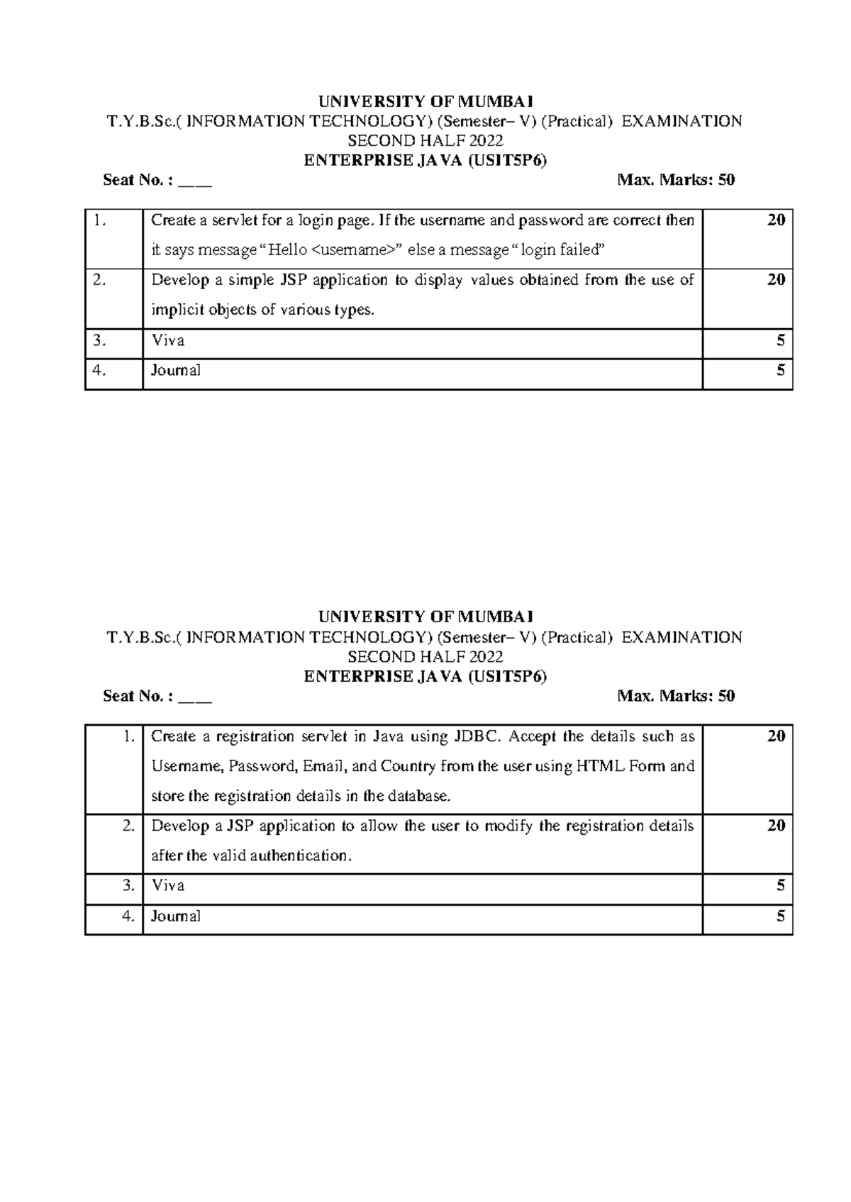 Enterprise Java Practicals (USIT5P6) - T.Y.B.Sc. IT Exam 2022 - Studocu
