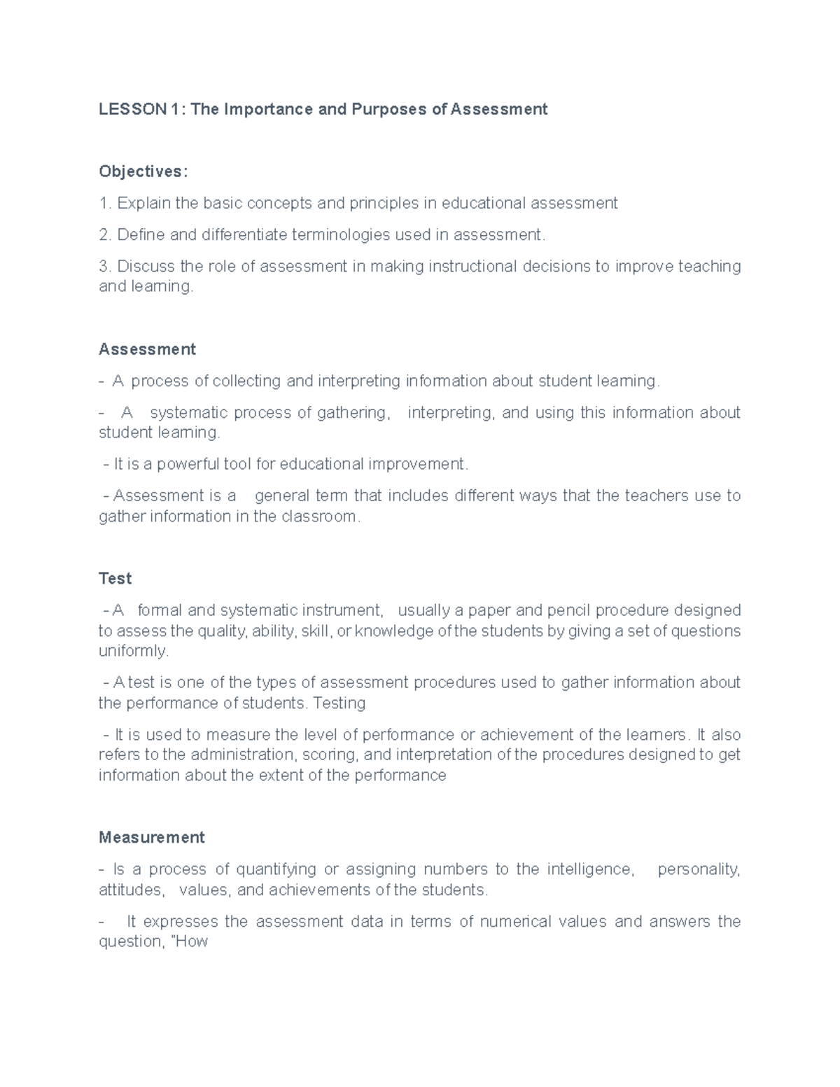 Lesson 1: Key Concepts and Roles of Assessment in Education - Studocu