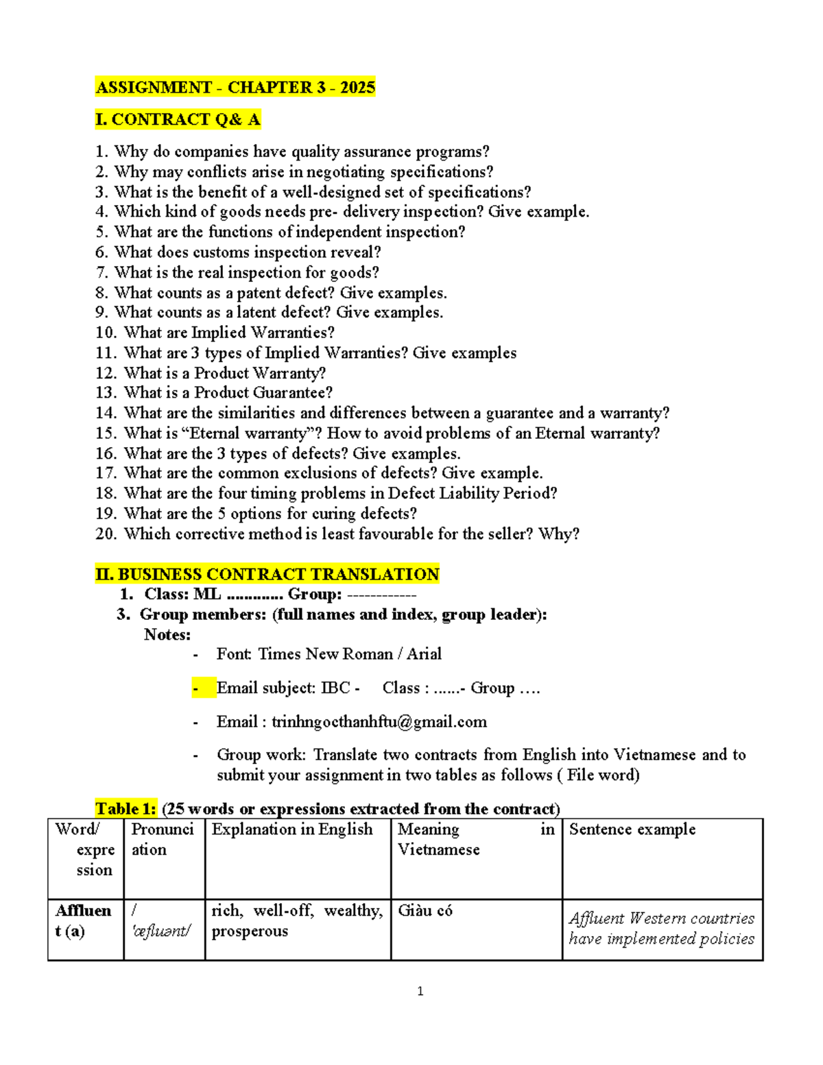 Assignment- Chapter NO - ASSIGNMENT - CHAPTER 3 - 2025 I. CONTRACT Q& A ...