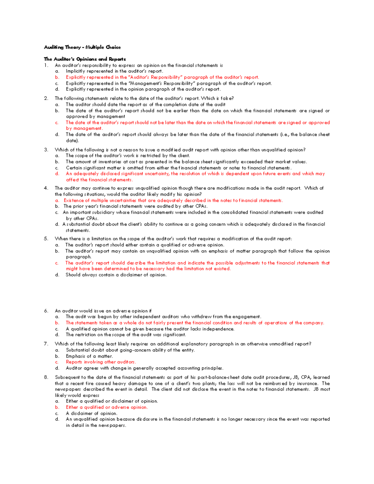 Auditing Theory - Multiple Choice Exam Review (AT 9) - Studocu